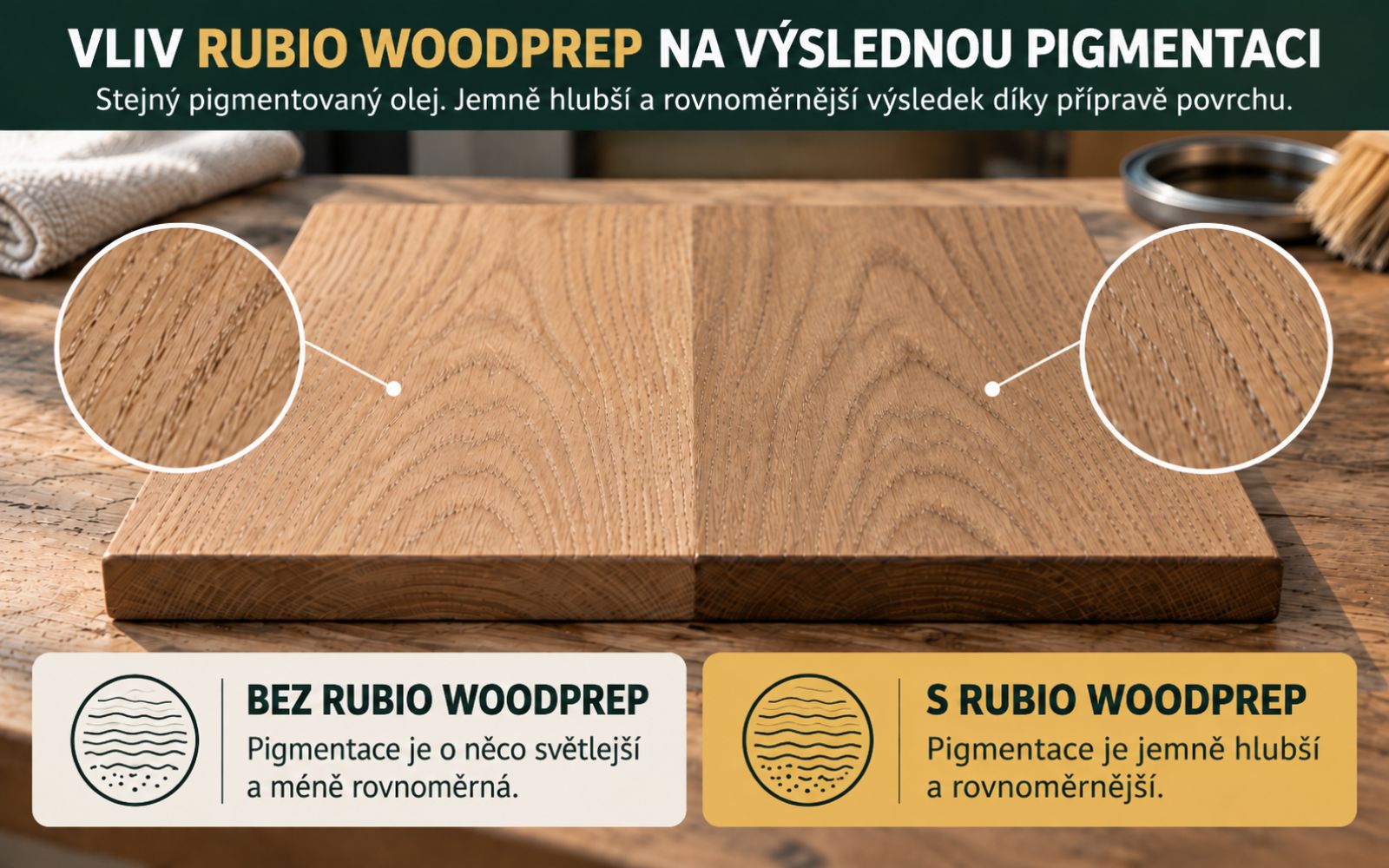Stejný pigmentovaný olej na dubu připraveném Cleanerem a WoodPrepem